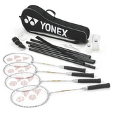 Yonex badminton racket set with rackets, strings, and a carrying case on a white background